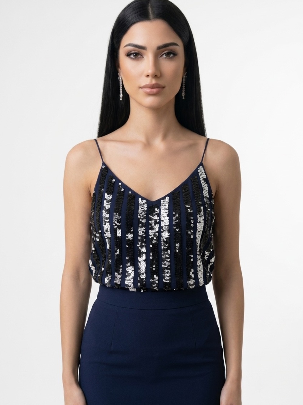ASOS | NEW Sequined Navy Blue & Black V-Neck Spaghetti Strap Top Women’s Size 12